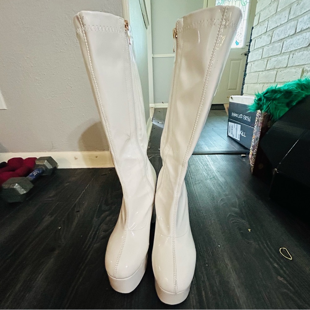 Worn once, white patent platform boots, purchased from Amazon, few light scuffs